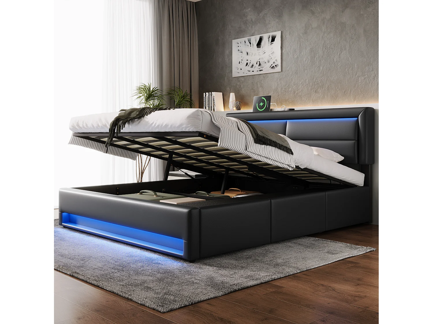 160 x 200 cm Bettkasten mit Kopfteil und 3 Schubladen - LEDs und USB-Anschluss - PU-Leder - Schwarz (ohne Matratze)