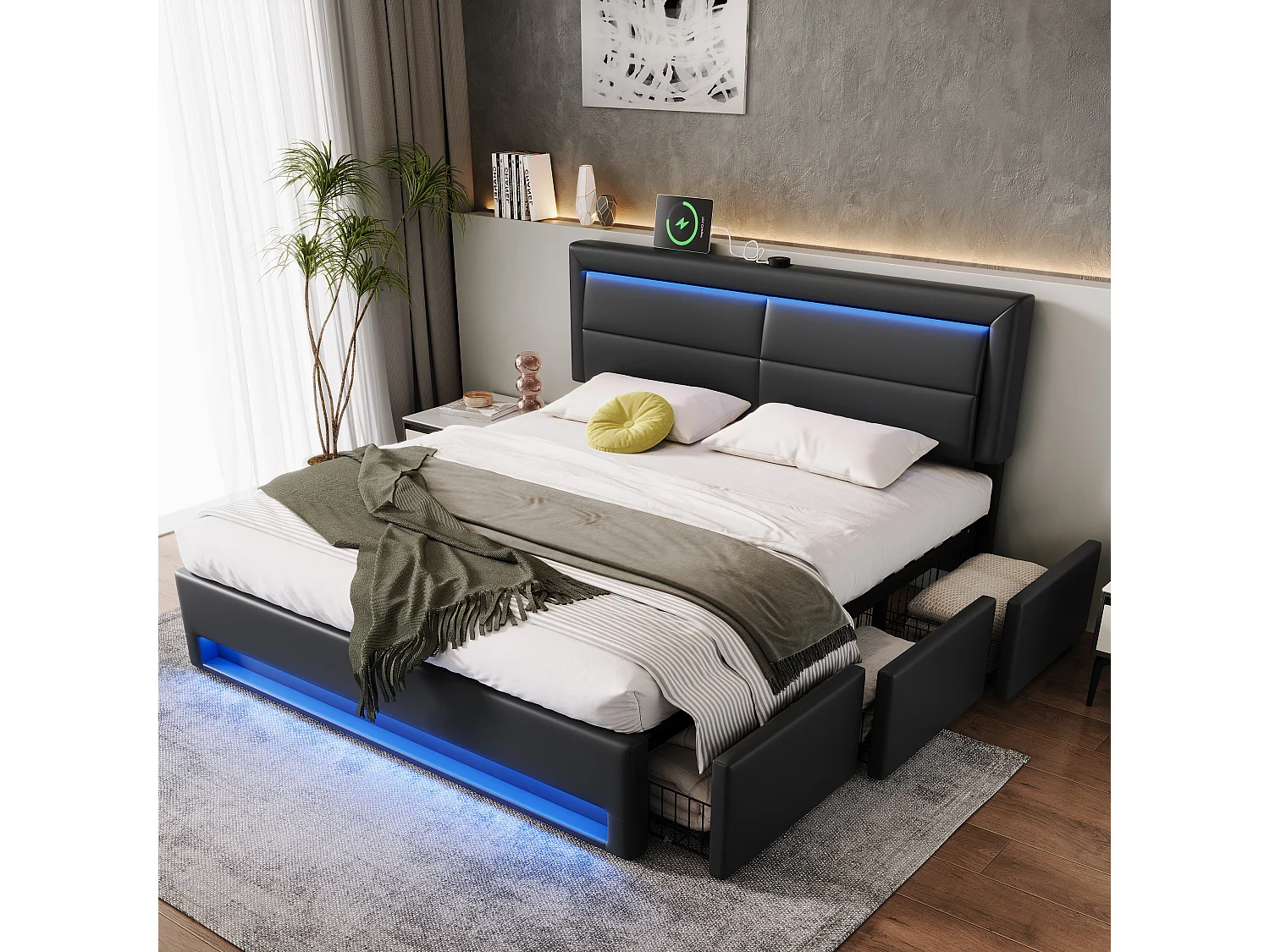 160 x 200 cm Bettkasten mit Kopfteil und 3 Schubladen - LEDs und USB-Anschluss - PU-Leder - Schwarz (ohne Matratze)