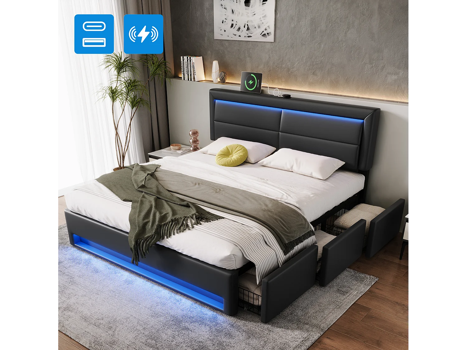 Letto contenitore 160 x 200 cm con testiera e 3 cassetti - LED e porta USB - Pelle PU - Nero (senza materasso)