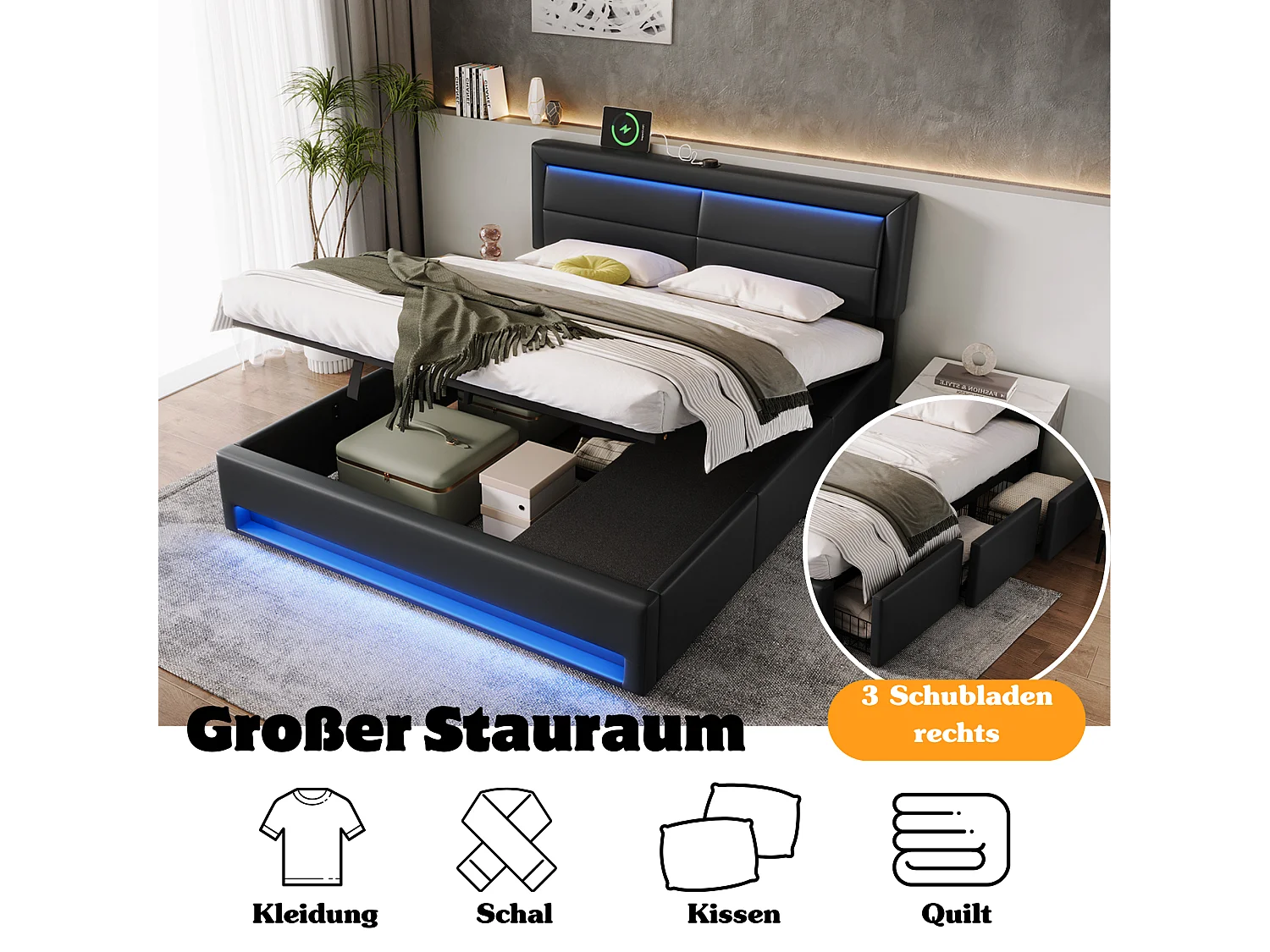 Letto contenitore 160 x 200 cm con testiera e 3 cassetti - LED e porta USB - Pelle PU - Nero (senza materasso)