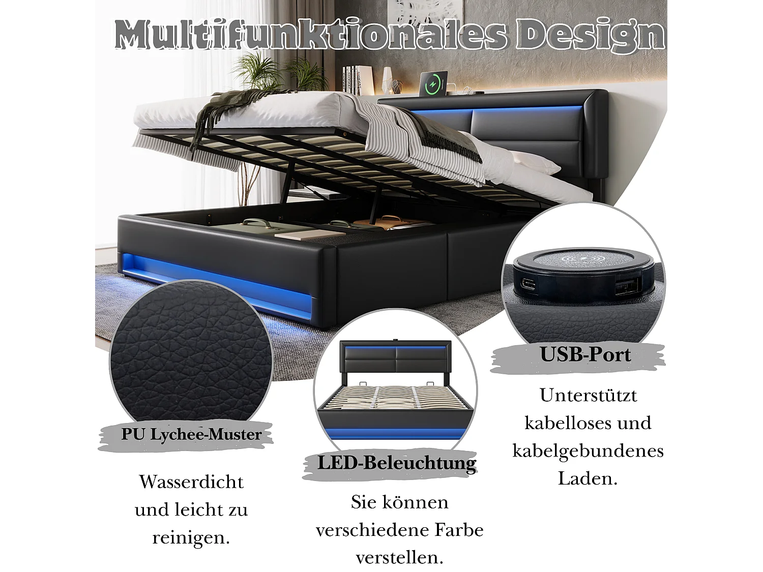 Letto contenitore 160 x 200 cm con testiera e 3 cassetti - LED e porta USB - Pelle PU - Nero (senza materasso)