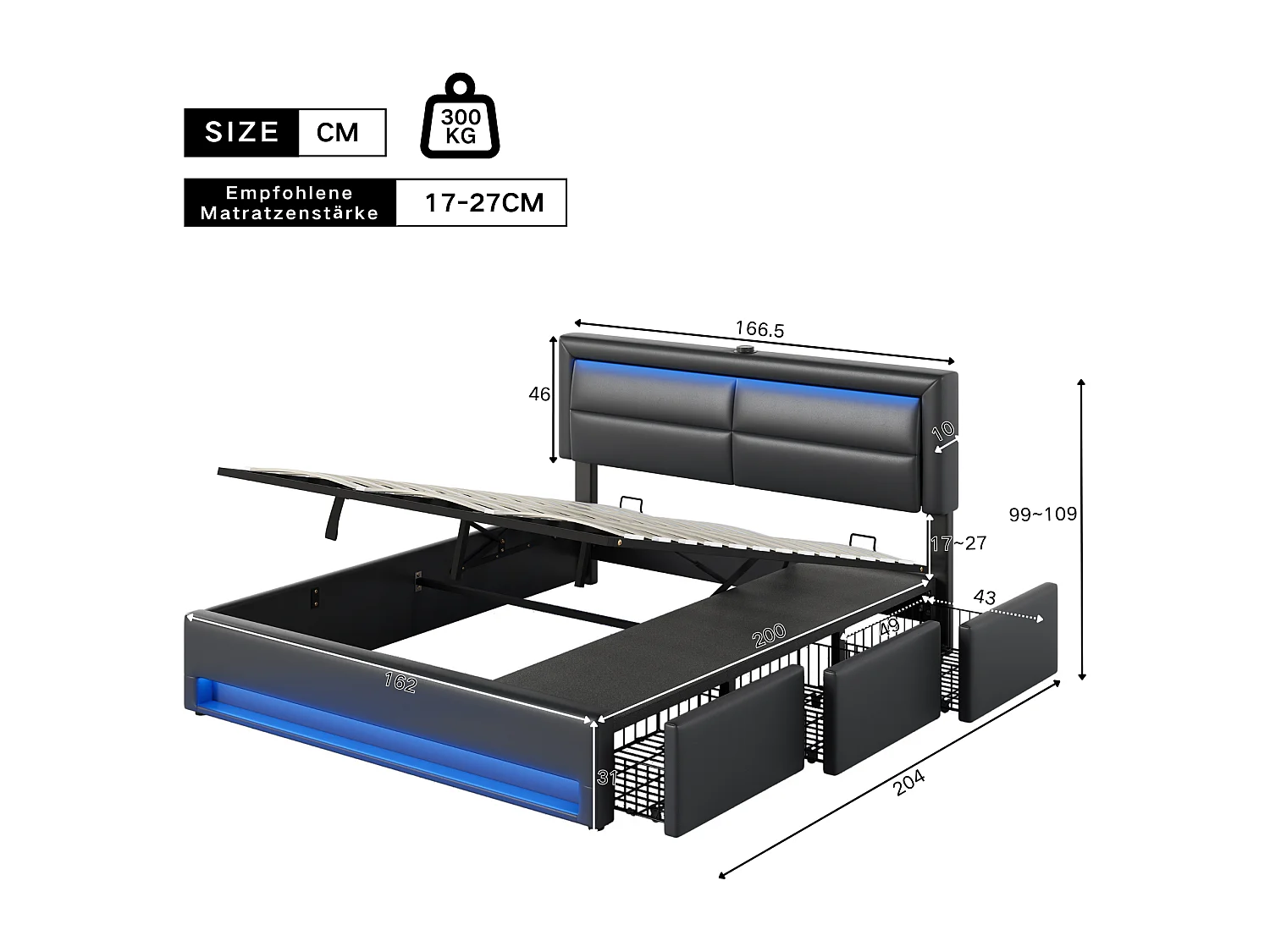 Letto contenitore 160 x 200 cm con testiera e 3 cassetti - LED e porta USB - Pelle PU - Nero (senza materasso)