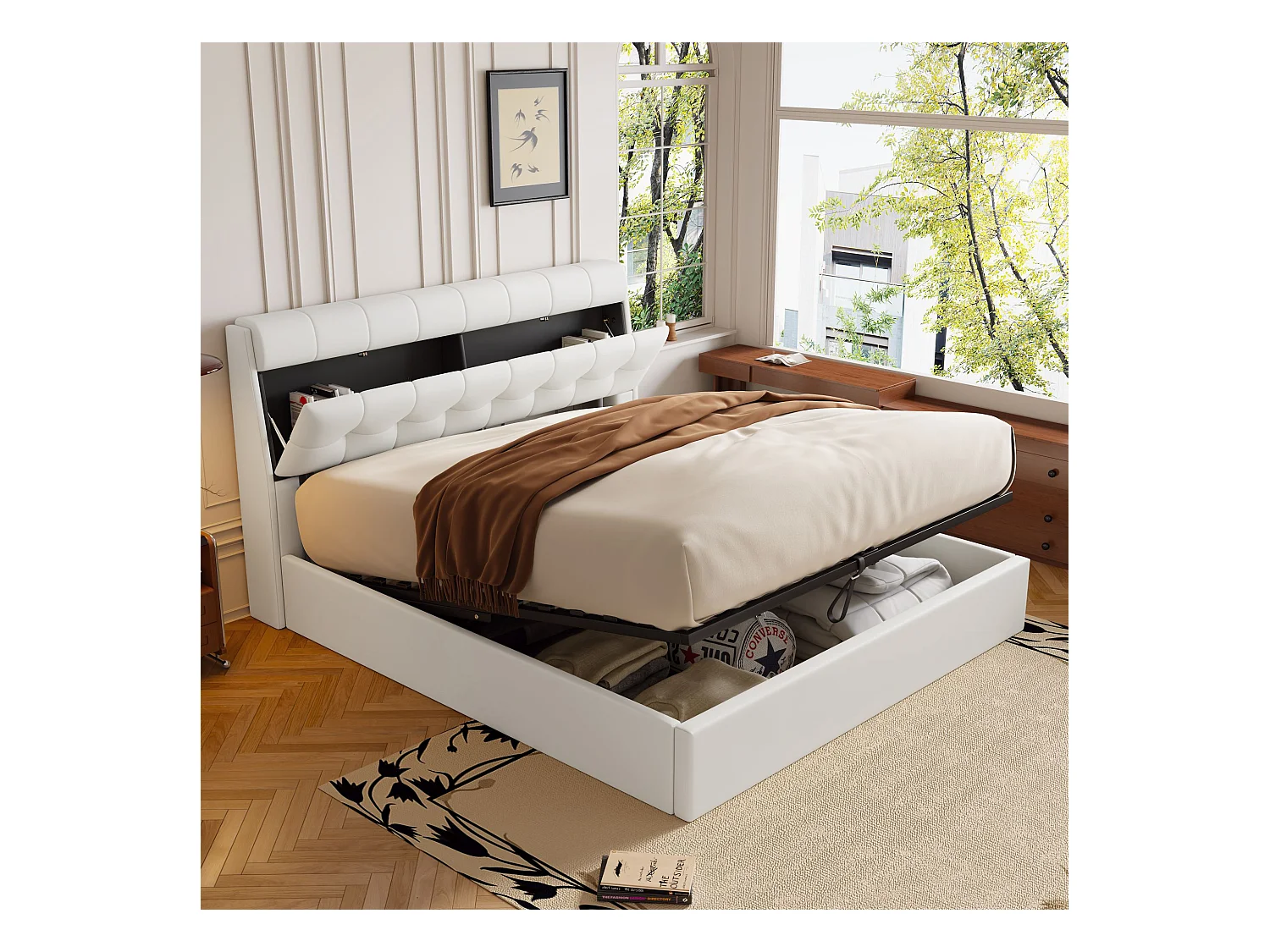 Lit coffre 140 x 200 cm avec tête de lit rangement - LEDs - Cuir PU - Blanc (sans matelas)