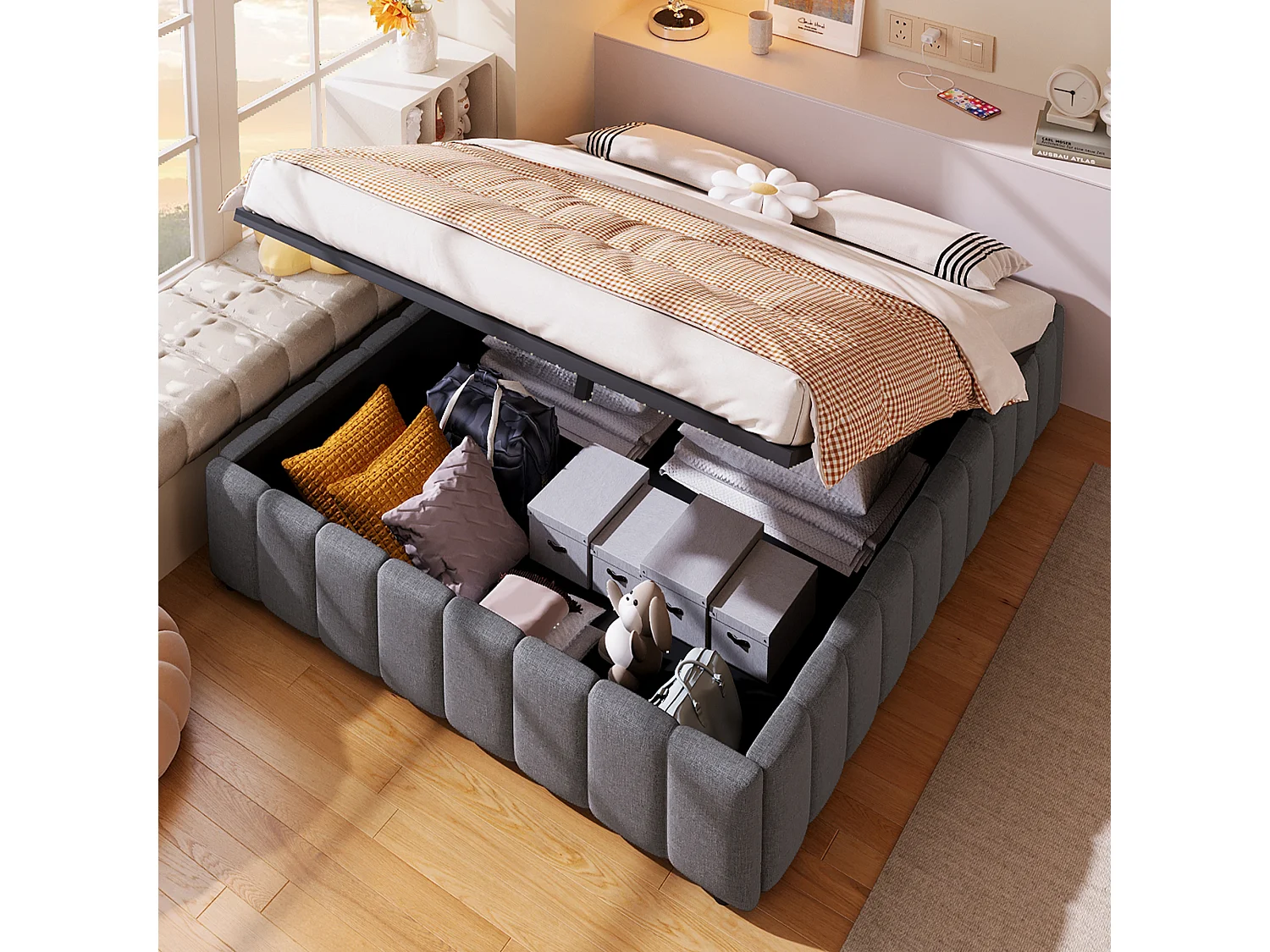 Lit coffre 140 x 200 cm sans tête de lit - Tissu en lin - Sommier à lattes inclus - Gris (sans matelas)