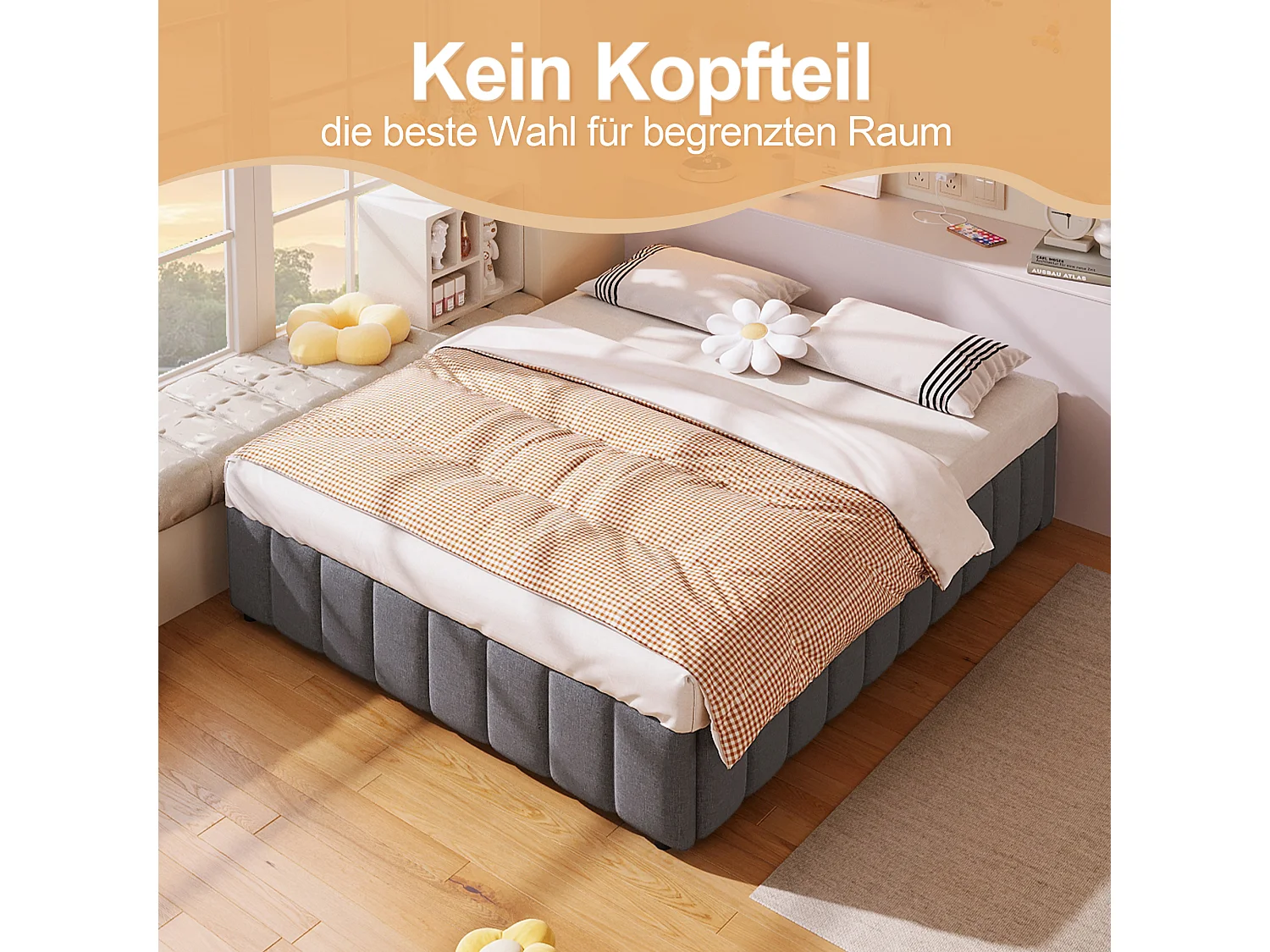 Lit coffre 140 x 200 cm sans tête de lit - Tissu en lin - Sommier à lattes inclus - Gris (sans matelas)