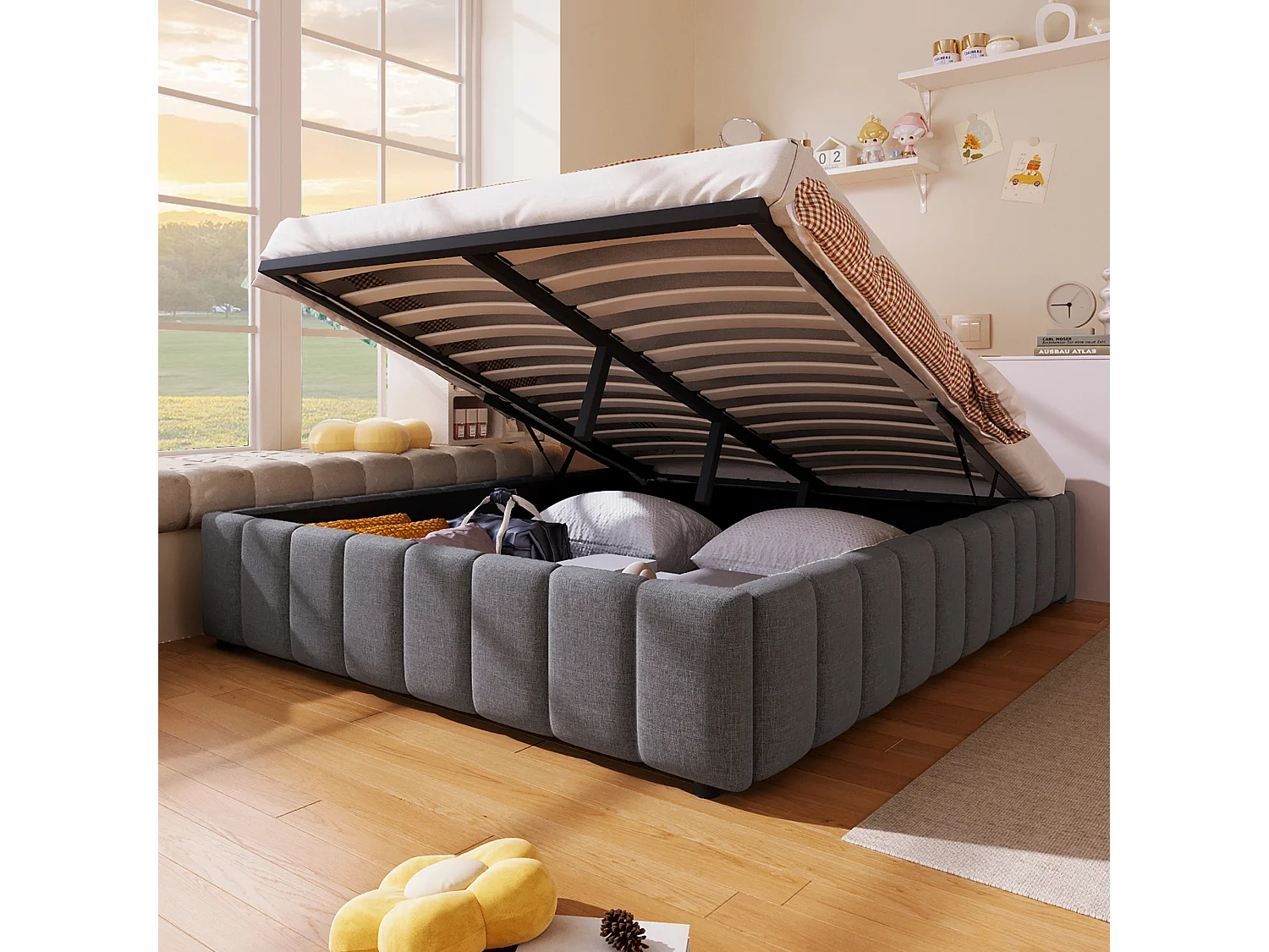 Lit coffre 140 x 200 cm sans tête de lit - Tissu en lin - Sommier à lattes inclus - Gris (sans matelas)