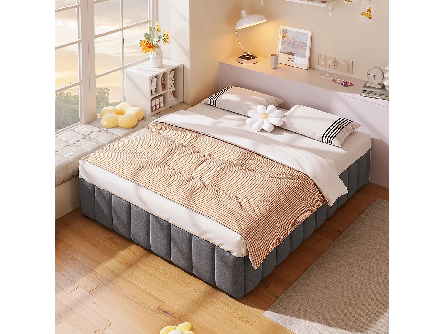 Lit coffre 140 x 200 cm sans tête de lit - Tissu en lin - Sommier à lattes inclus - Gris (sans matelas)