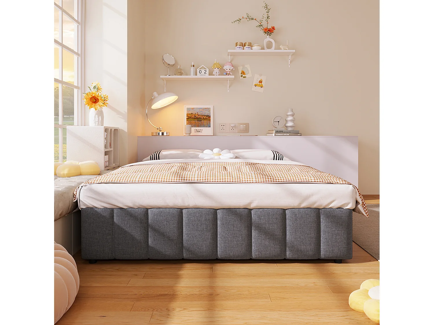 Lit coffre 140 x 200 cm sans tête de lit - Tissu en lin - Sommier à lattes inclus - Gris (sans matelas)