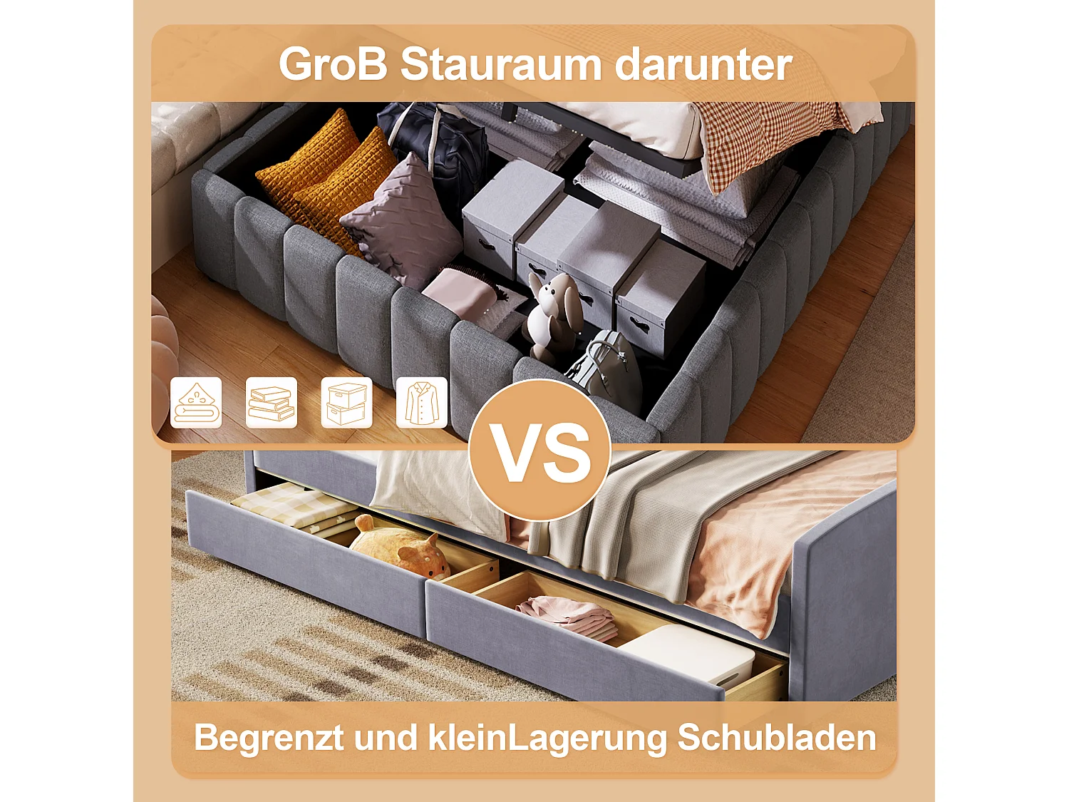 Bett mit Stauraum 140 x 200 cm ohne Kopfteil – Leinenstoff – Lattenrost inklusive – Grau (ohne Matratze)