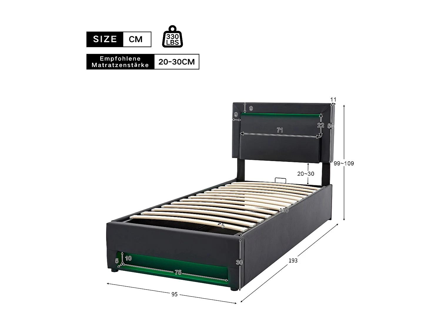 Letto contenitore 90 x 190 cm con testiera - LED e prese USB - Pelle PU - Nero (senza materasso)
