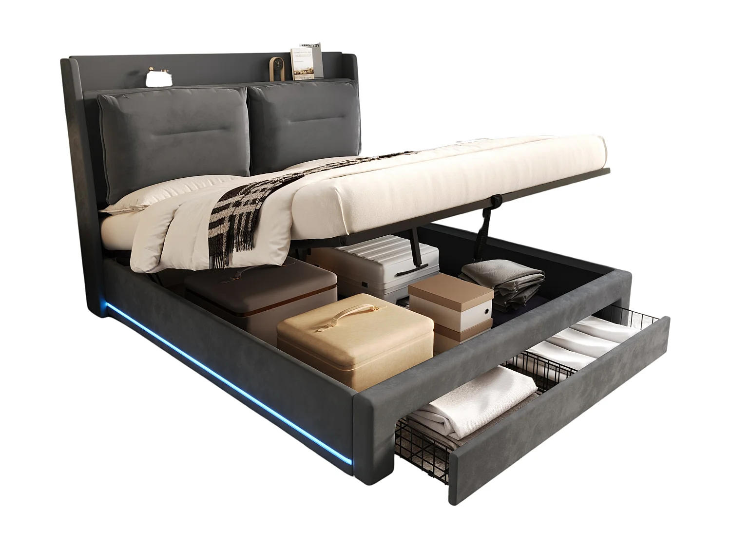 Lit coffre 180 x 200 cm avec tête de lit et 2 tiroirs - LEDs - Velours - Gris foncé (sans matelas)