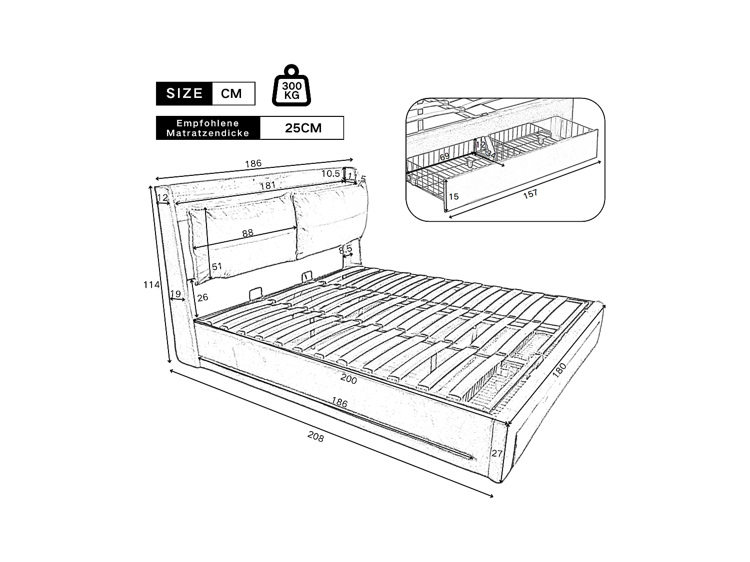 Lit coffre 180 x 200 cm avec tête de lit et 2 tiroirs - LEDs - Velours - Gris foncé (sans matelas)