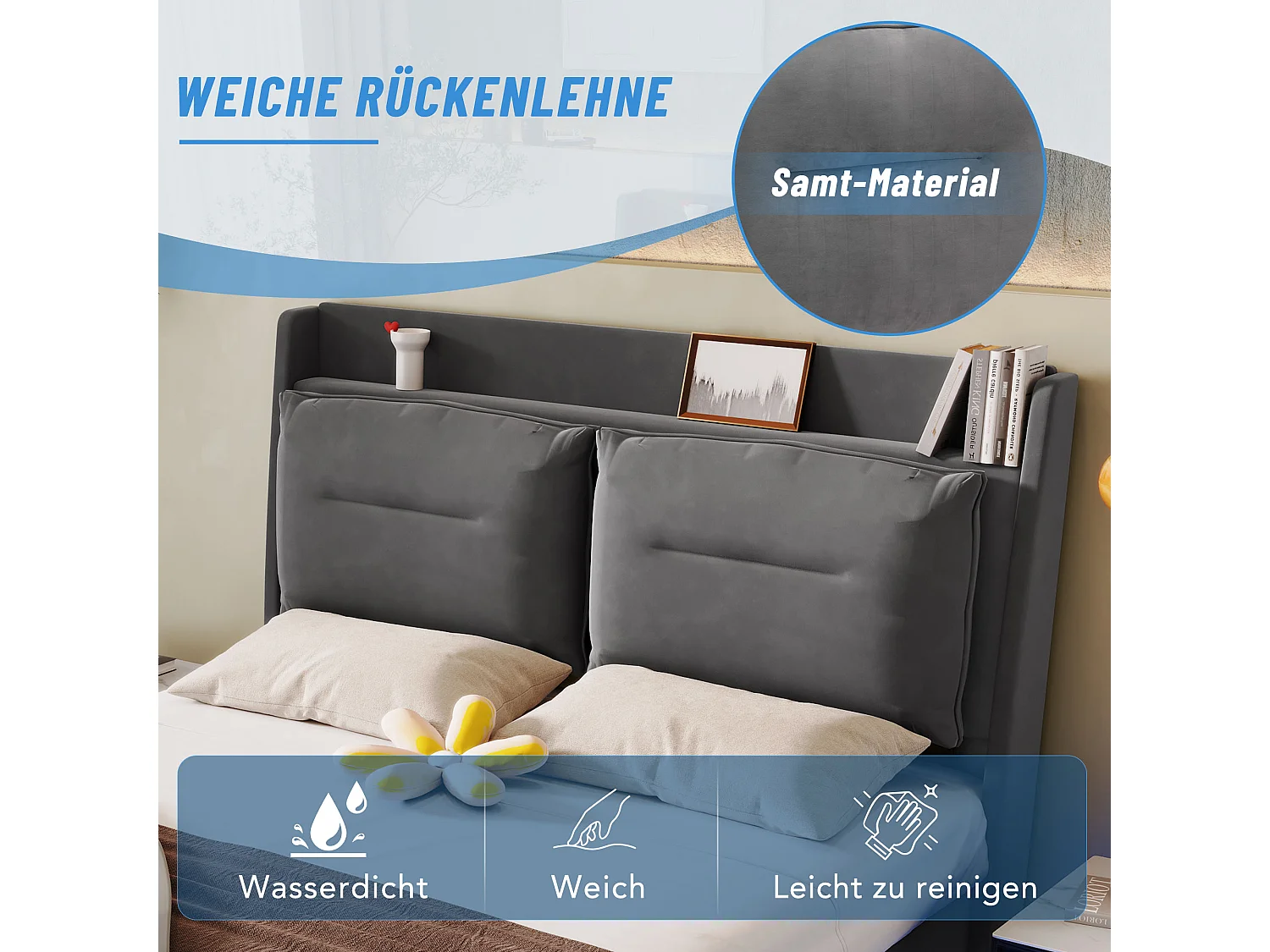 Stauraumbett 180 x 200 cm mit Kopfteil und 2 Schubladen - LEDs - Samt - Dunkelgrau (ohne Matratze)