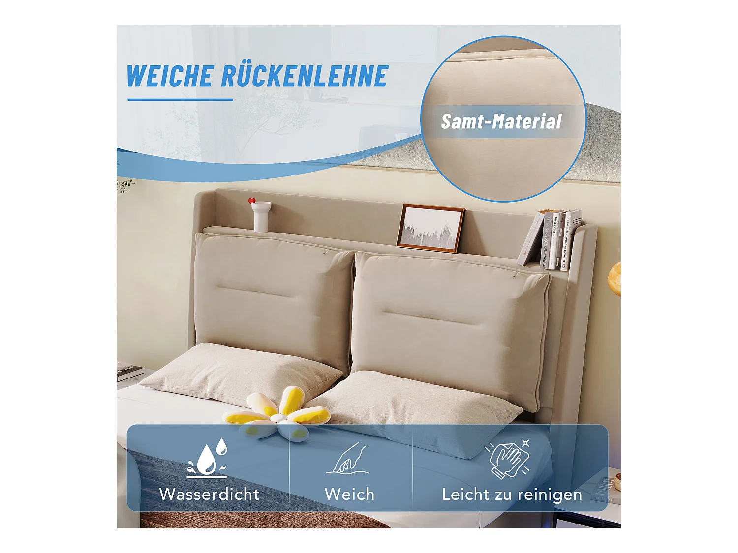 Lit coffre 160 x 200 cm avec tête de lit et 2 tiroirs - LEDs - Velours - Beige (sans matelas)