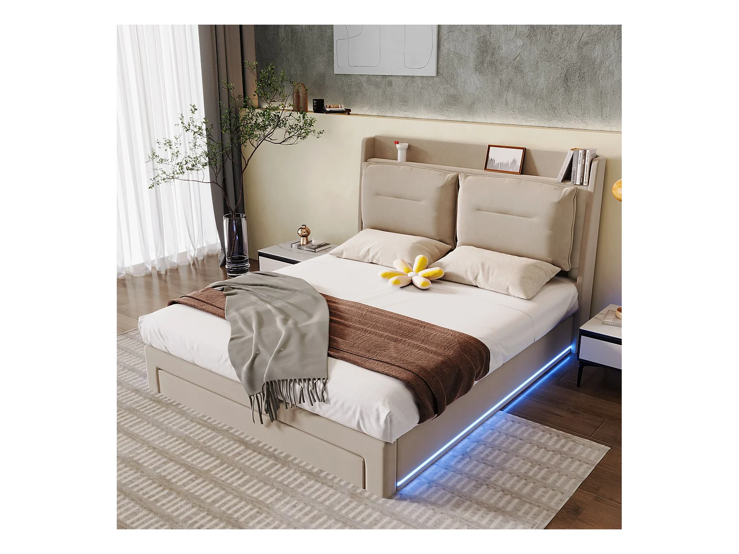 Lit coffre 160 x 200 cm avec tête de lit et 2 tiroirs - LEDs - Velours - Beige (sans matelas)