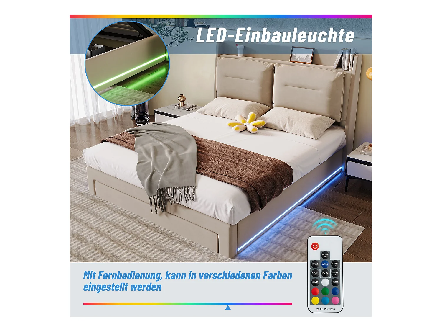 Lit coffre 160 x 200 cm avec tête de lit et 2 tiroirs - LEDs - Velours - Beige (sans matelas)