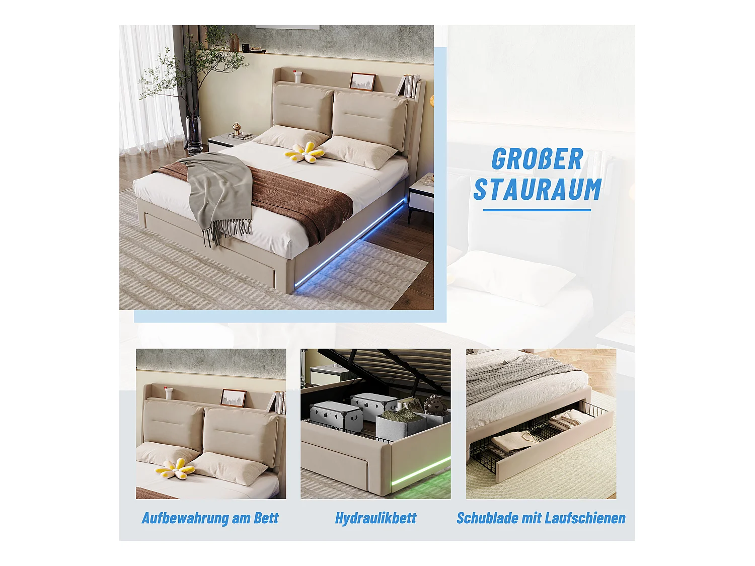 Lit coffre 160 x 200 cm avec tête de lit et 2 tiroirs - LEDs - Velours - Beige (sans matelas)