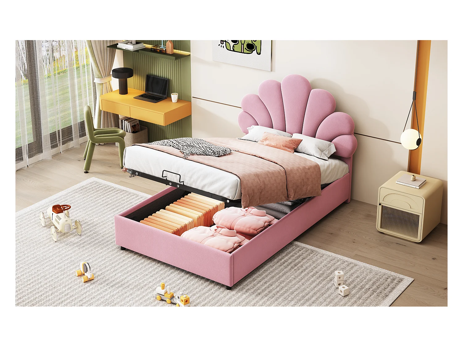 Lit coffre 90 x 200 cm avec tête de lit florale et réglable en hauteur - Velours - Sommier à lattes - Rose