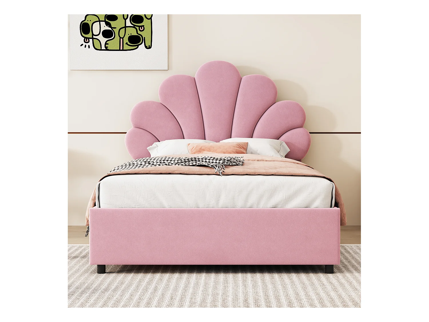 Lit coffre 90 x 200 cm avec tête de lit florale et réglable en hauteur - Velours - Sommier à lattes - Rose