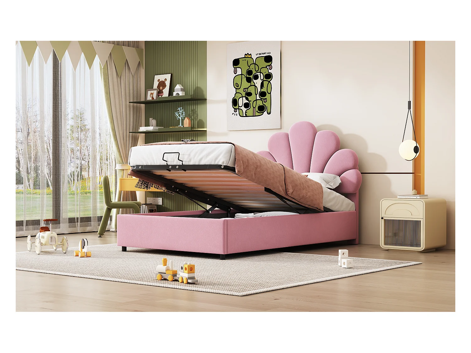 Lit coffre 90 x 200 cm avec tête de lit florale et réglable en hauteur - Velours - Sommier à lattes - Rose