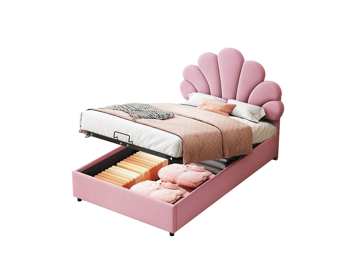 Lit coffre 90 x 200 cm avec tête de lit florale et réglable en hauteur - Velours - Sommier à lattes - Rose