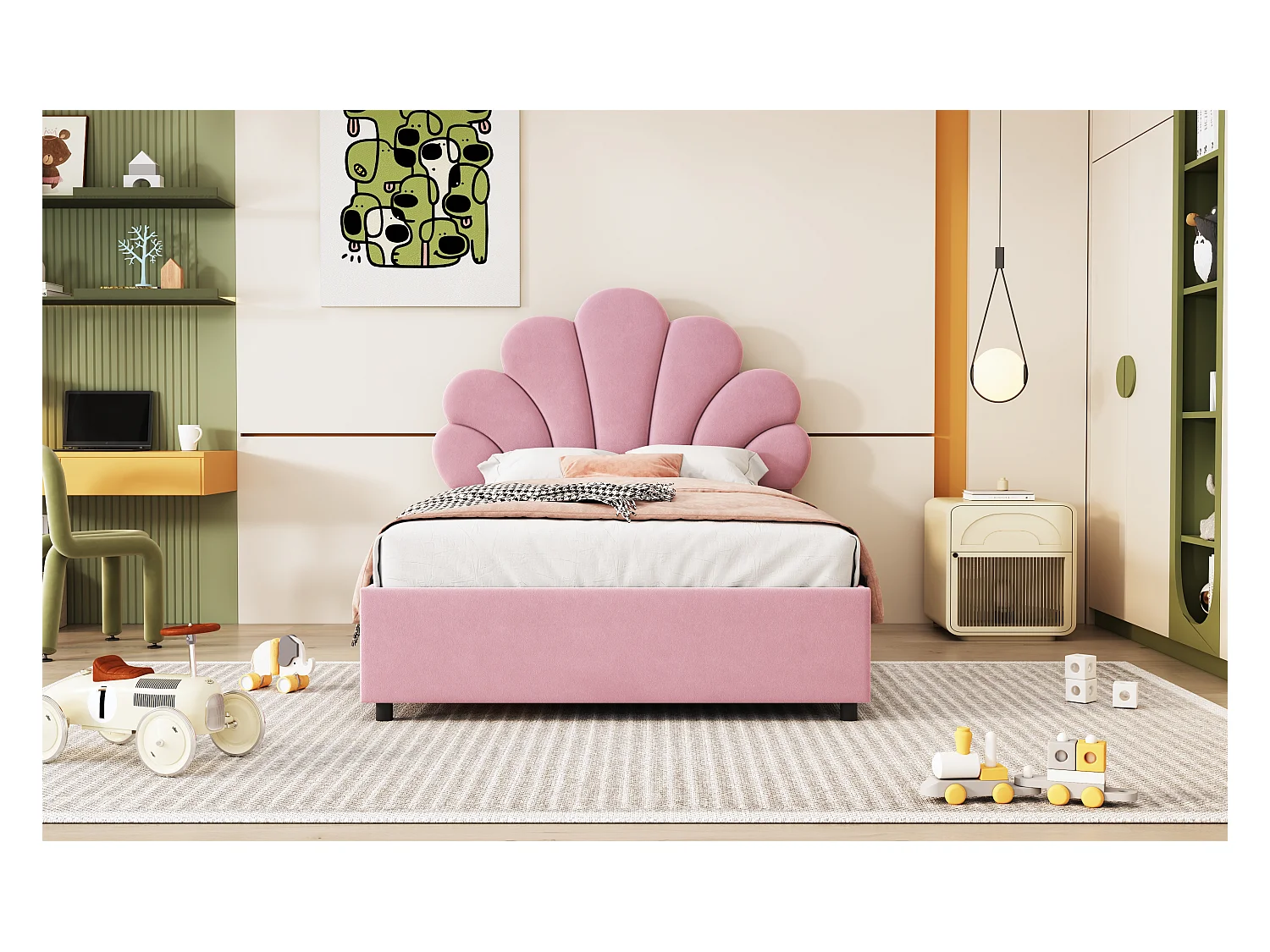 Lit coffre 90 x 200 cm avec tête de lit florale et réglable en hauteur - Velours - Sommier à lattes - Rose