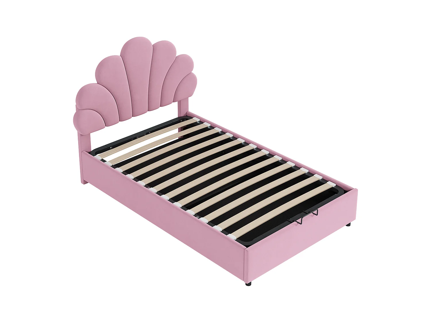 Lit coffre 90 x 200 cm avec tête de lit florale et réglable en hauteur - Velours - Sommier à lattes - Rose