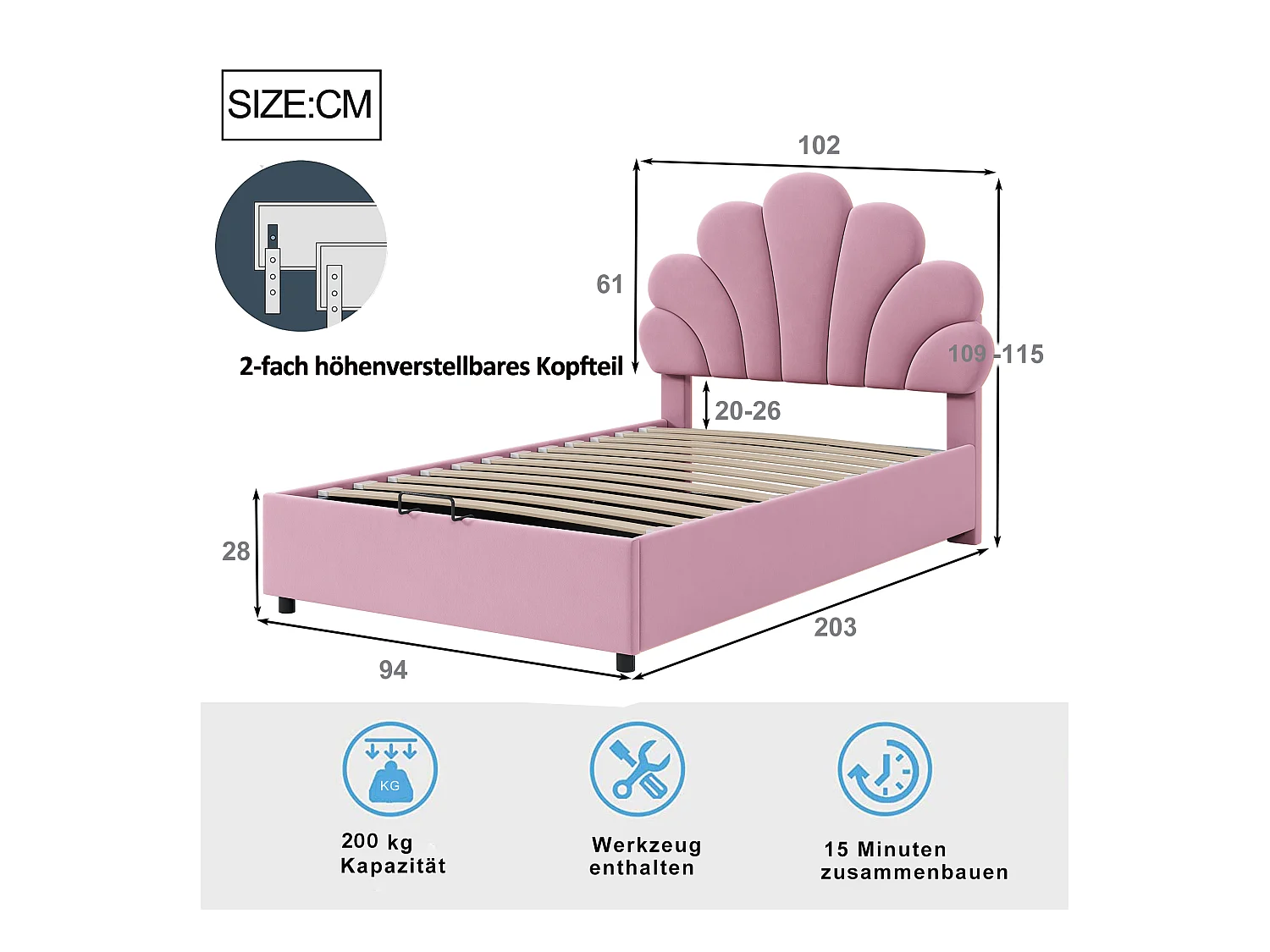 Lit coffre 90 x 200 cm avec tête de lit florale et réglable en hauteur - Velours - Sommier à lattes - Rose