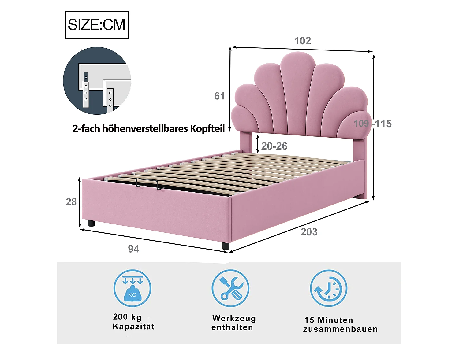 Bettkastenbett 90 x 200 cm mit geblümtem Kopfteil und verstellbarer Höhe – Samt – Lattenrost – Rosa