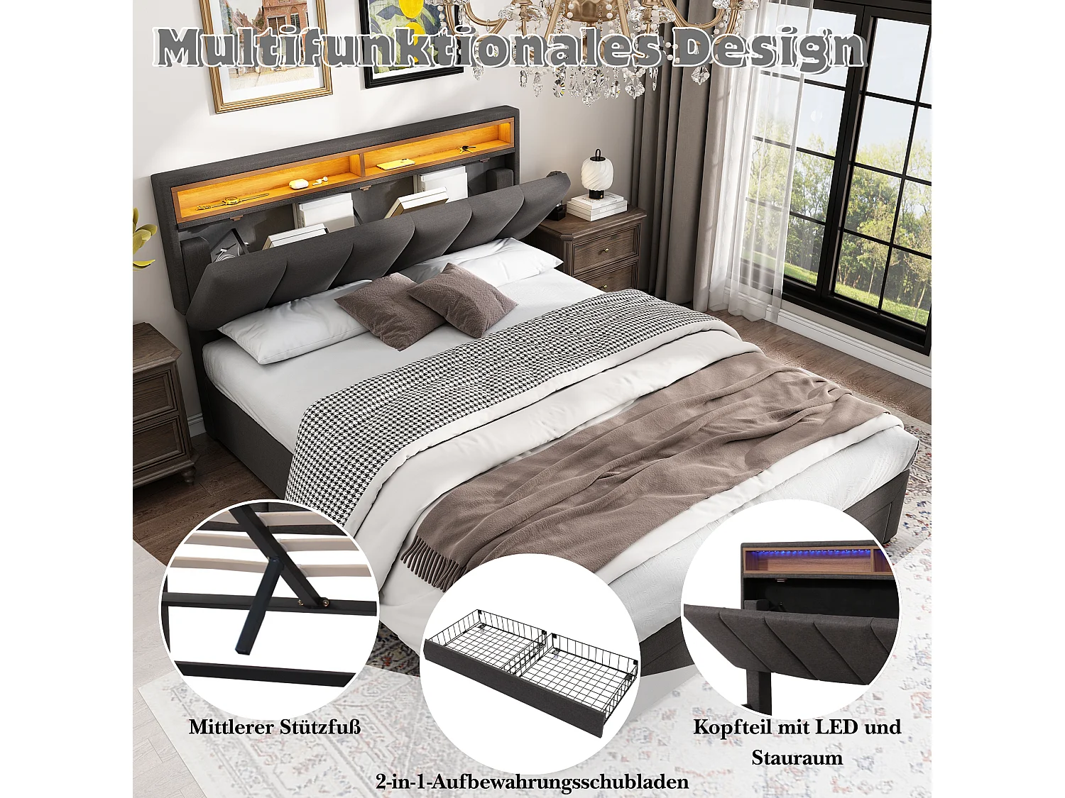 Letto contenitore 140 x 190 cm con testiera e 2 cassetti - LED - Tessuto lino - Grigio (senza materasso)