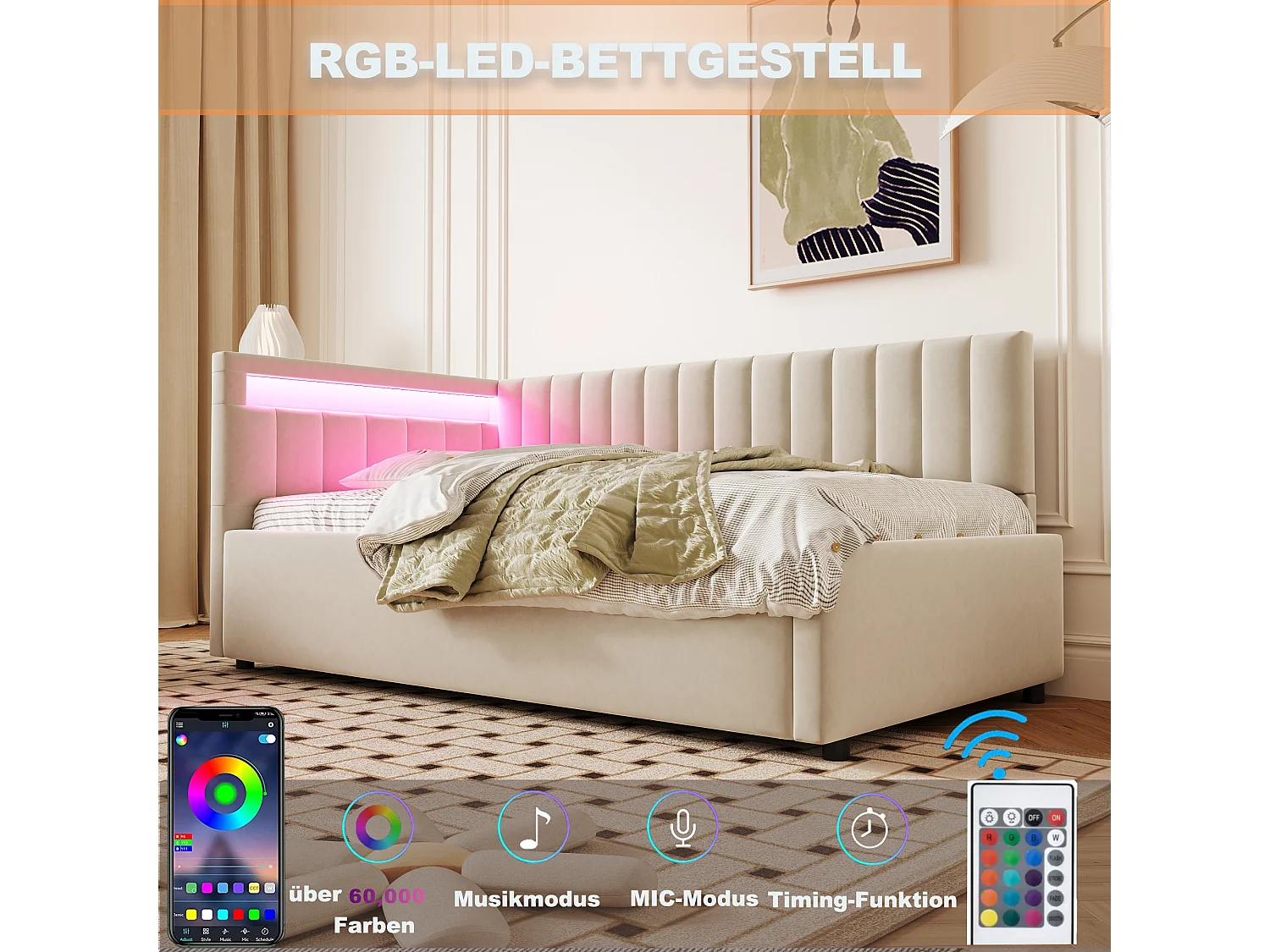 Bed met opbergruimte 90 x 200 cm met verwisselbaar hoofdeinde - LED's - Fluweel - Beige