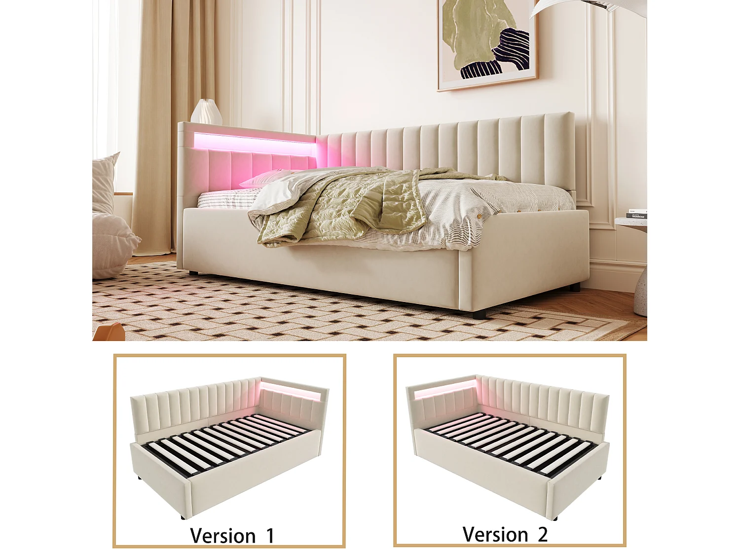 Bed met opbergruimte 90 x 200 cm met verwisselbaar hoofdeinde - LED's - Fluweel - Beige