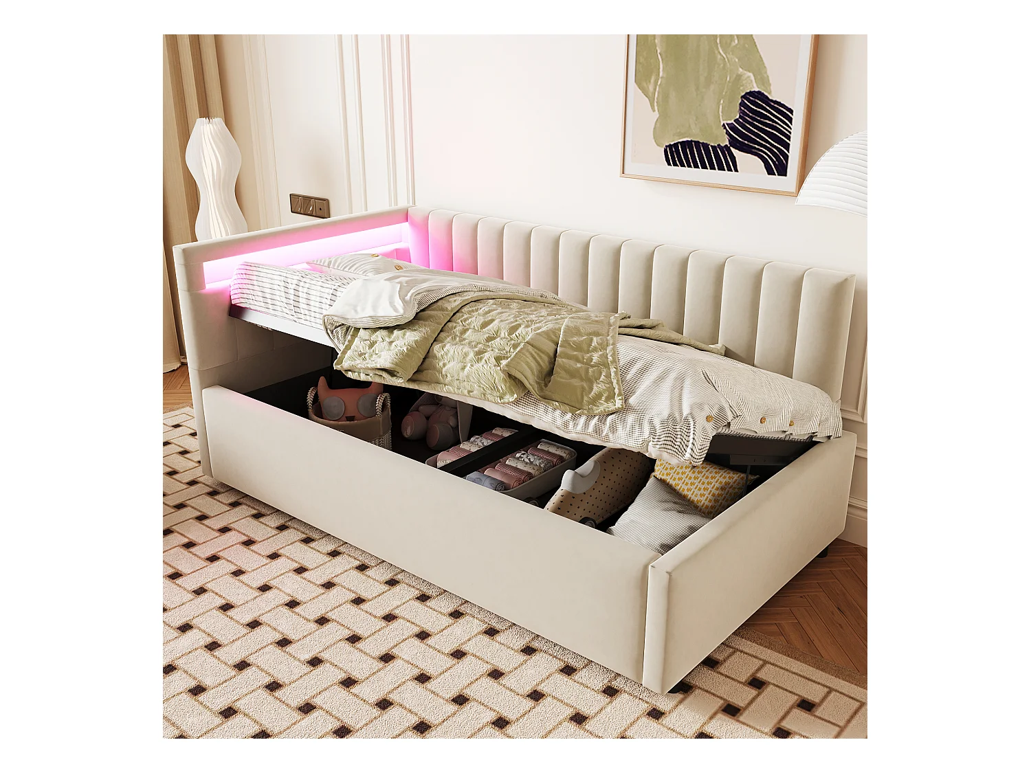 90 x 200 cm Bettkasten mit austauschbarem Kopfteil - LEDs - Samt - Beige