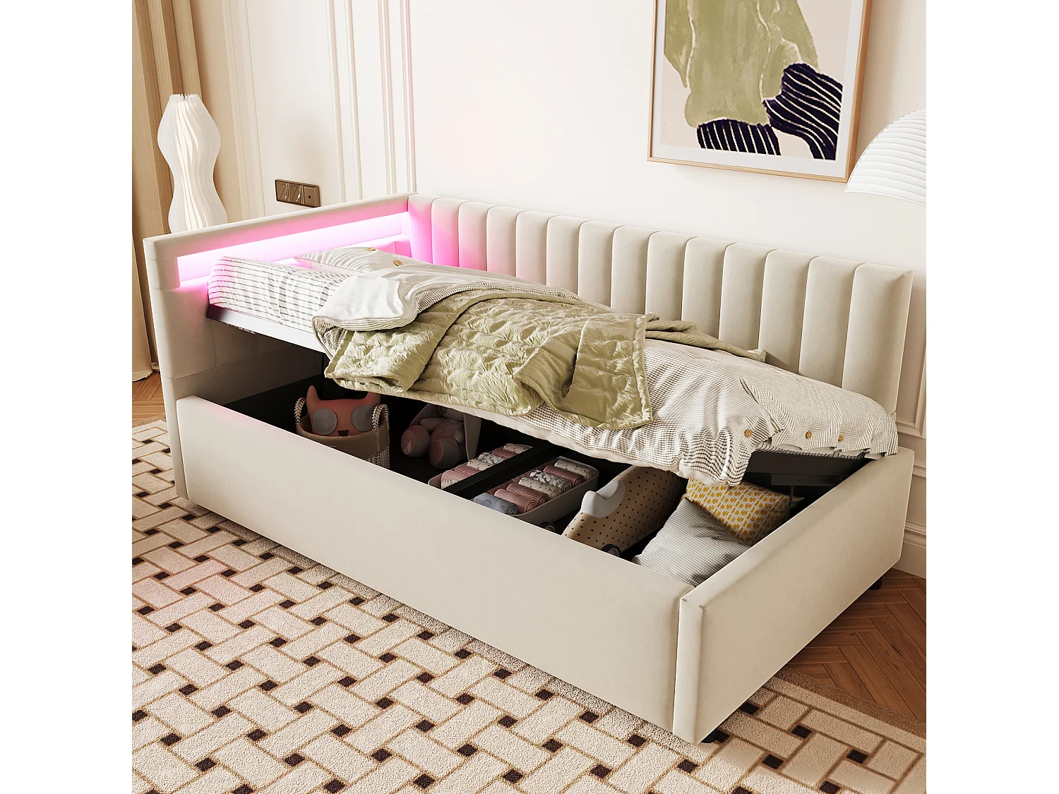 Lit coffre 90 x 200 cm avec tête de lit à position interchangeable - LEDs - Velours - Beige