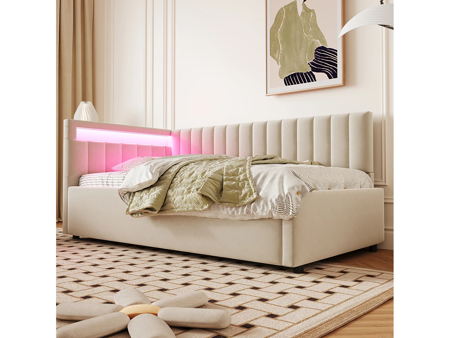 Lit coffre 90 x 200 cm avec tête de lit à position interchangeable - LEDs - Velours - Beige