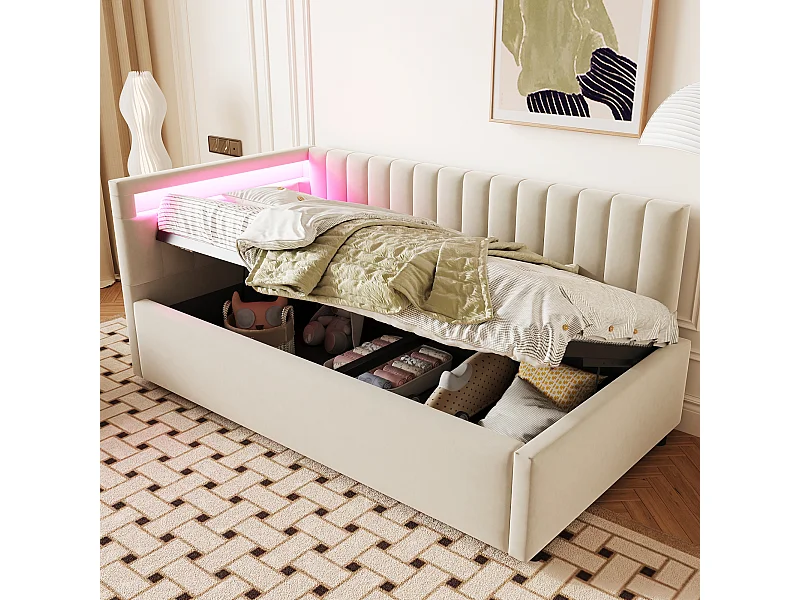 Cama de arrumação 90 x 200 cm com cabeceira intercambiável - LEDs - Veludo - Bege