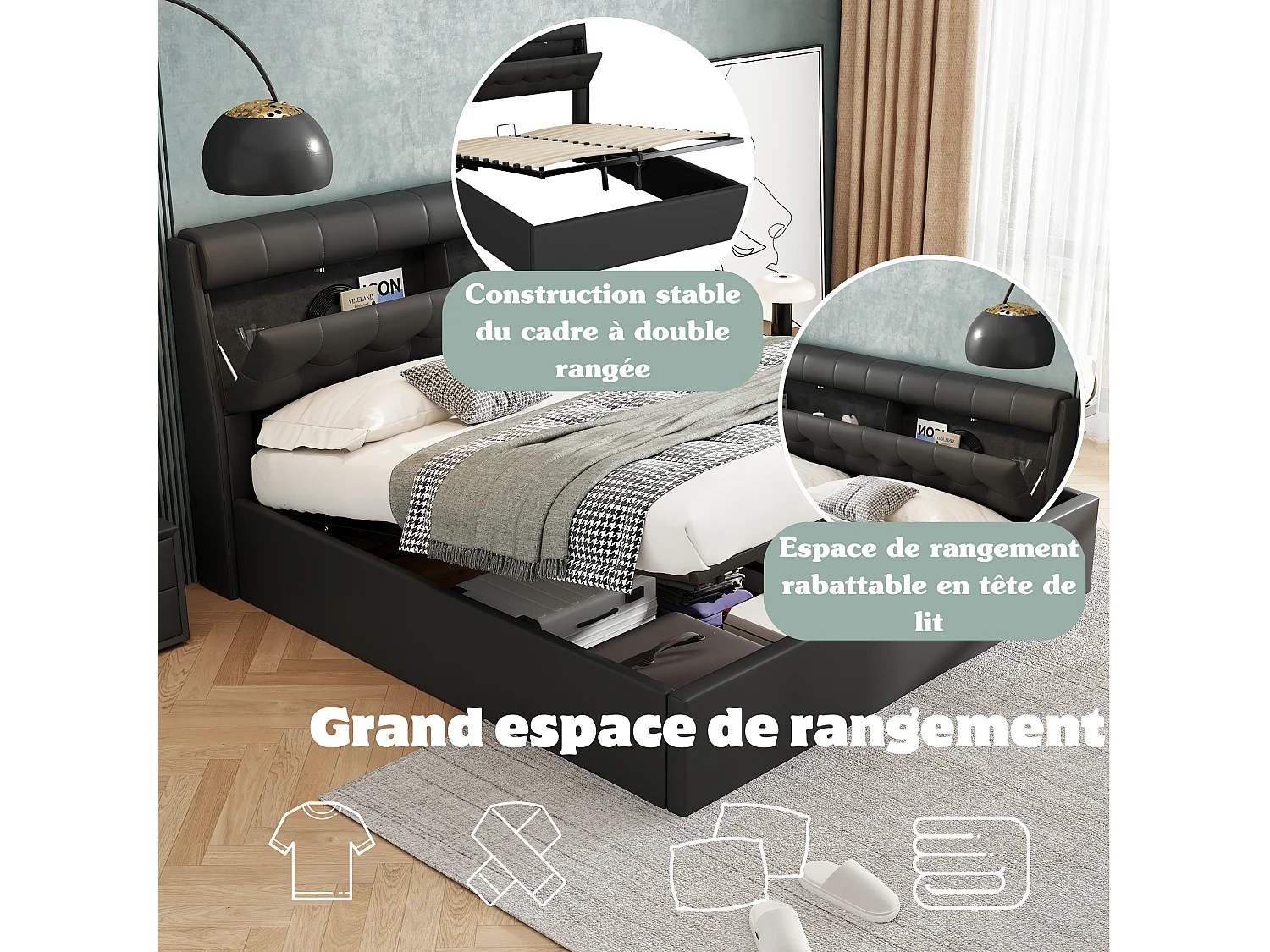 Cama de arrumação 140 x 190 cm com cabeceira de arrumação - LEDs - Couro PU - Preto (sem colchão)