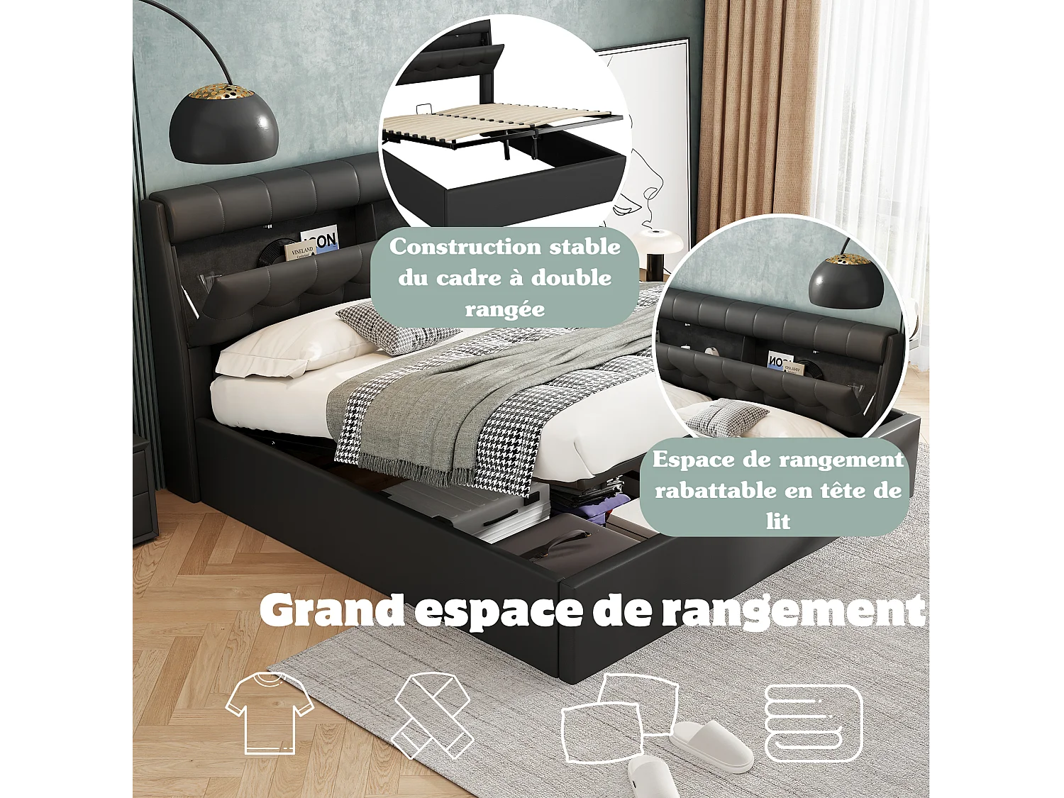 Lit coffre 140 x 190 cm avec tête de lit rangement - LEDs - Cuir PU - Noir (sans matelas)