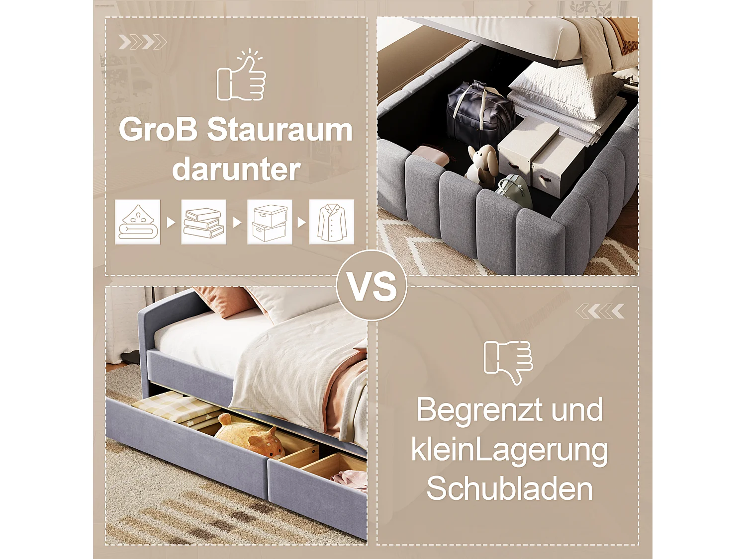 Lit coffre 90 x 200 cm sans tête de lit - Tissu en lin - Sommier à lattes inclus - Gris (sans matelas)