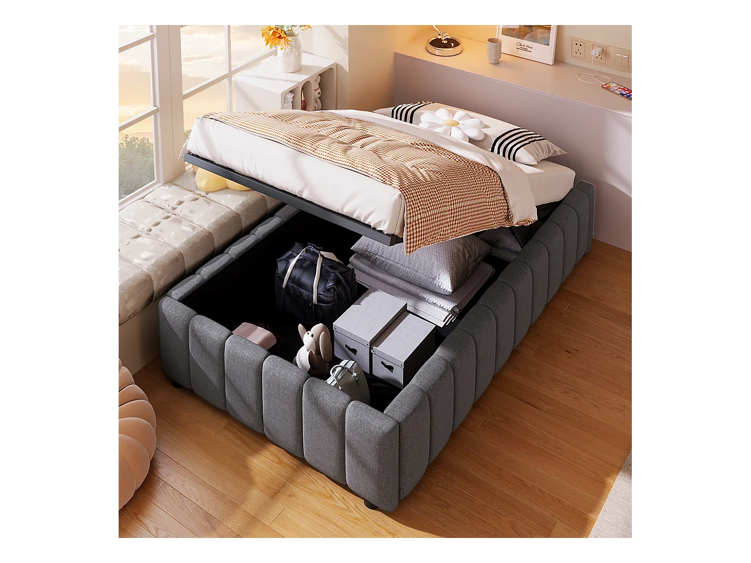 Bett mit Stauraum 90 x 200 cm ohne Kopfteil - Leinenstoff - Lattenrost inklusive - Grau (ohne Matratze)