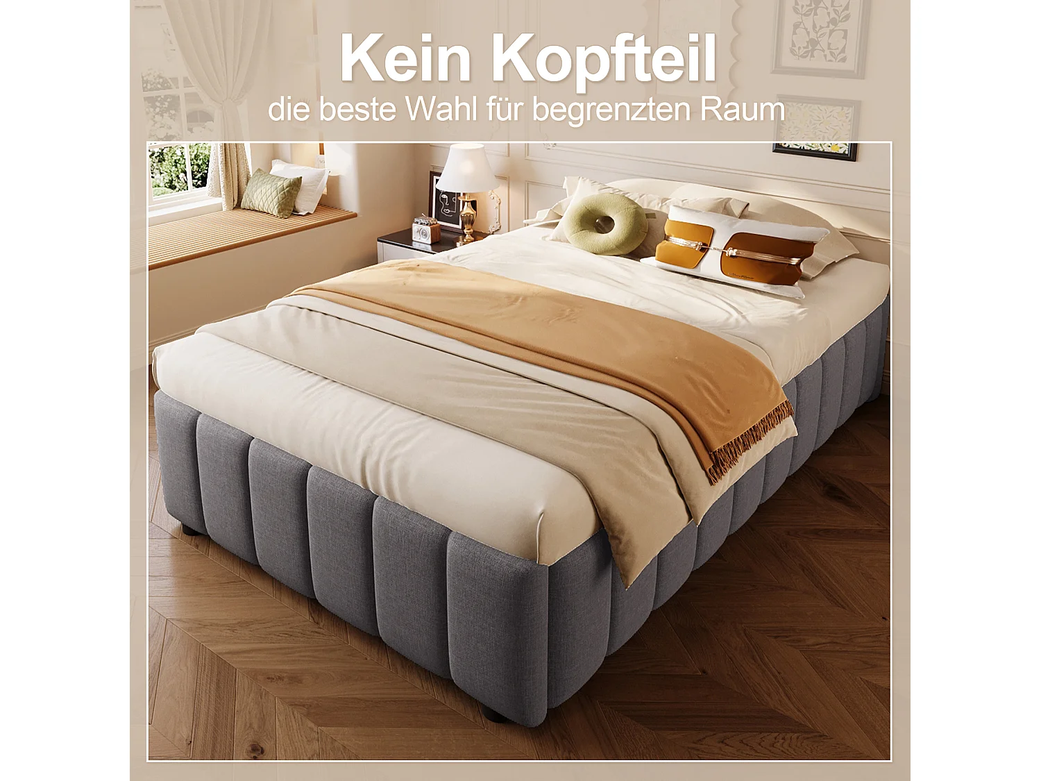Lit coffre 90 x 200 cm sans tête de lit - Tissu en lin - Sommier à lattes inclus - Gris (sans matelas)