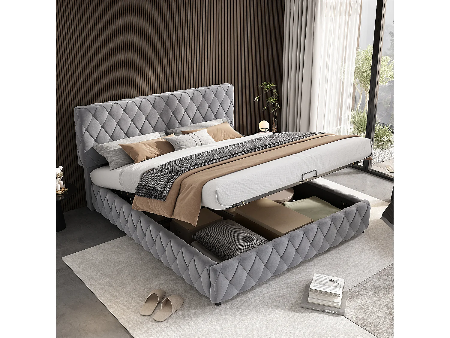 Cama de arrumação 160 x 200 cm com cabeceira - Veludo - Padrão diamante - Cinza (sem colchão)