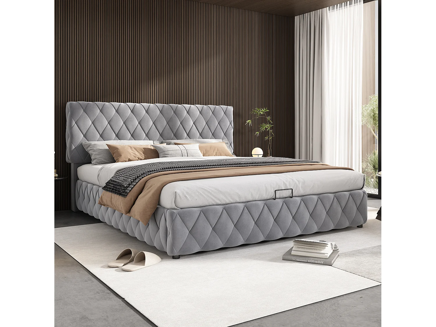 Cama de arrumação 160 x 200 cm com cabeceira - Veludo - Padrão diamante - Cinza (sem colchão)