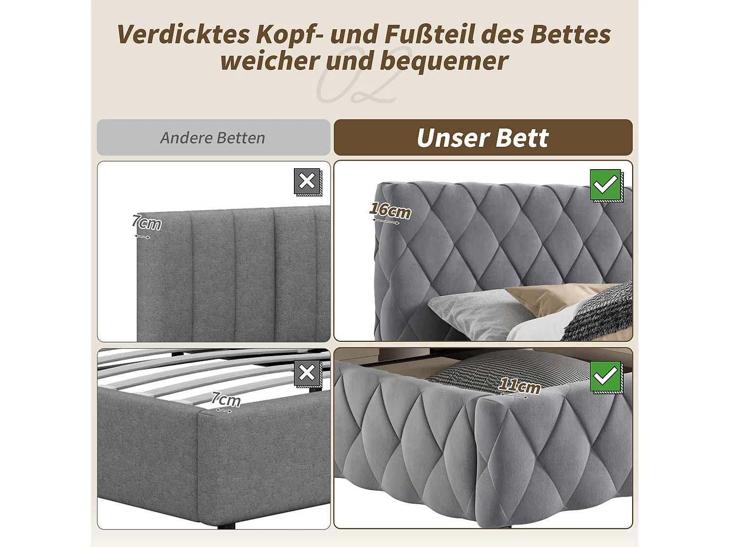 Cama de arrumação 160 x 200 cm com cabeceira - Veludo - Padrão diamante - Cinza (sem colchão)