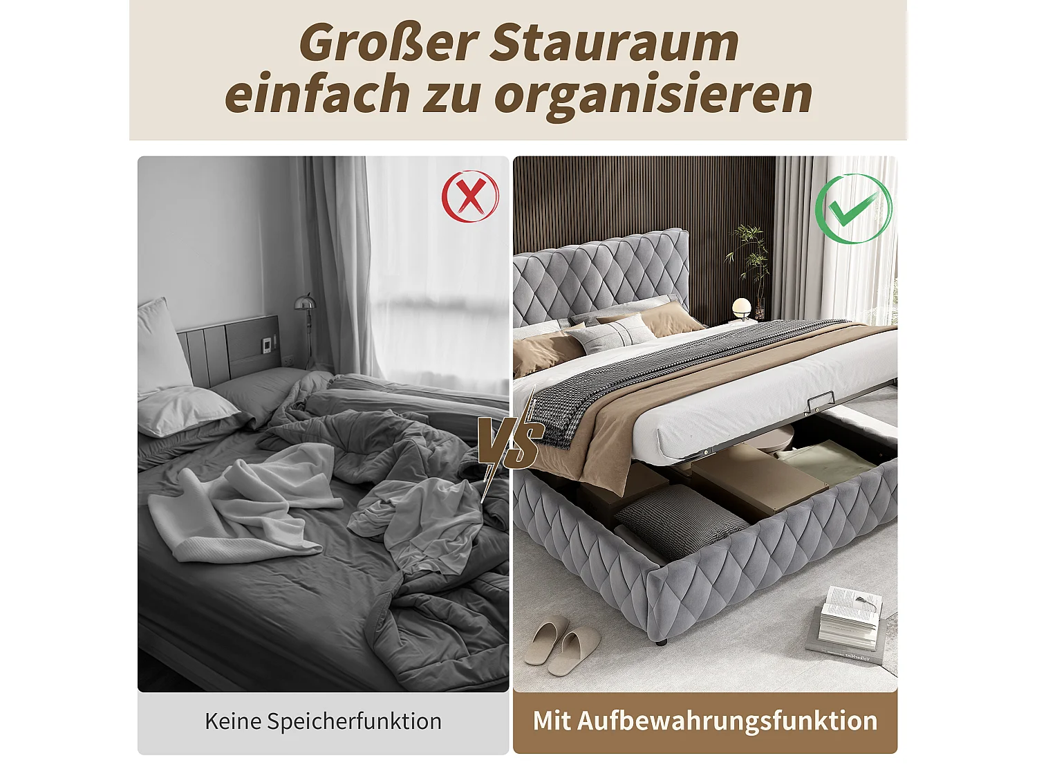 Cama de arrumação 160 x 200 cm com cabeceira - Veludo - Padrão diamante - Cinza (sem colchão)