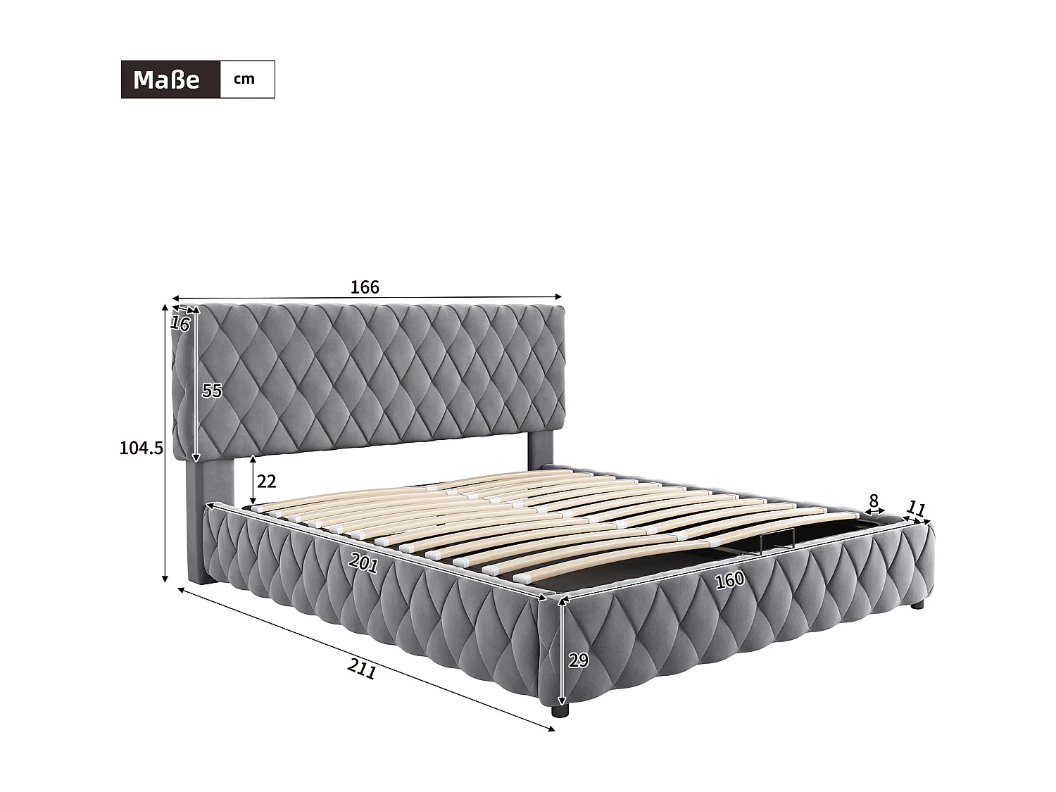 Cama de arrumação 160 x 200 cm com cabeceira - Veludo - Padrão diamante - Cinza (sem colchão)