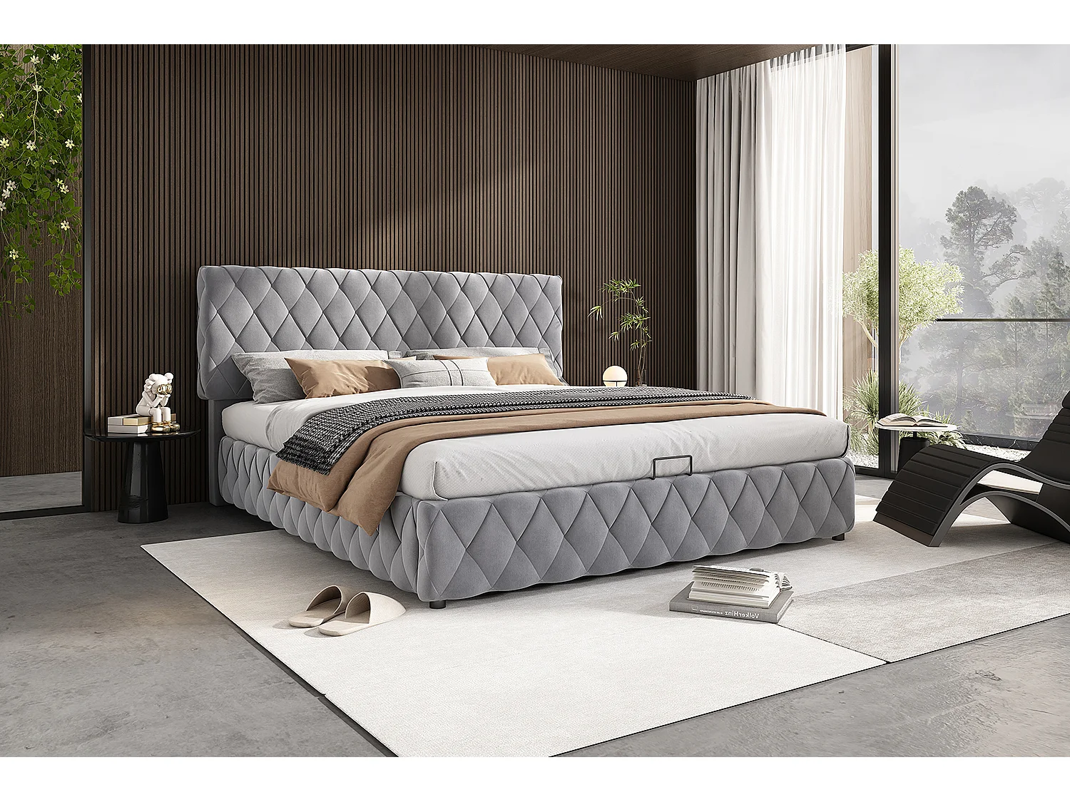 Cama de arrumação 160 x 200 cm com cabeceira - Veludo - Padrão diamante - Cinza (sem colchão)