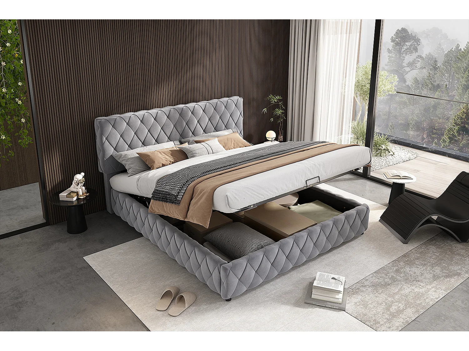 Cama de arrumação 160 x 200 cm com cabeceira - Veludo - Padrão diamante - Cinza (sem colchão)