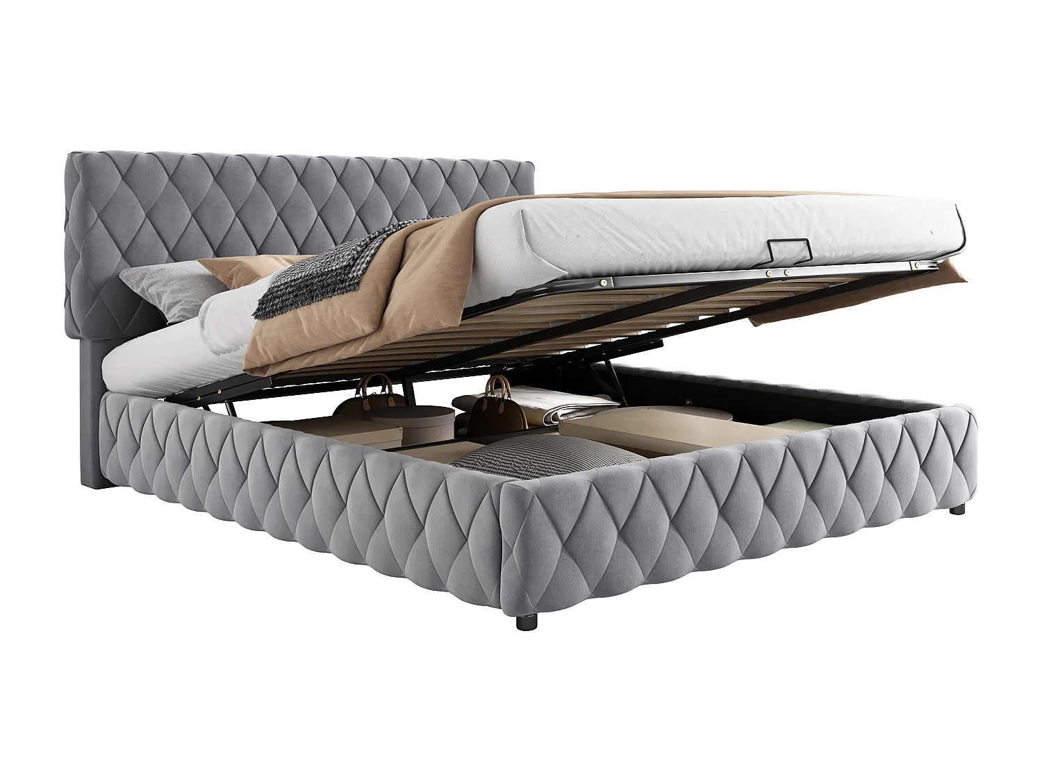 Cama de arrumação 160 x 200 cm com cabeceira - Veludo - Padrão diamante - Cinza (sem colchão)