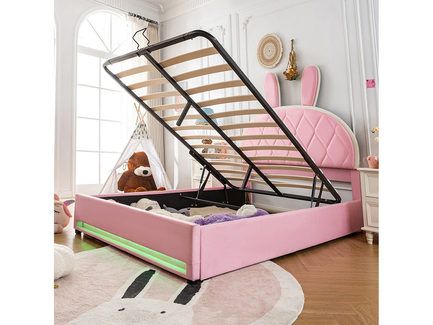 Łóżko z pojemnikiem 140 x 200 cm z regulowanym na wysokość zagłówkiem w kształcie królika - Aksamit - Stelaż z listew - Różowy